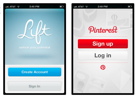 Поднимите и Pinterest простые экраны входа