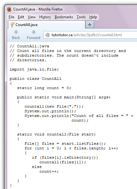 Firefox отображает код CountAll.java, который размещен на моем сайте.