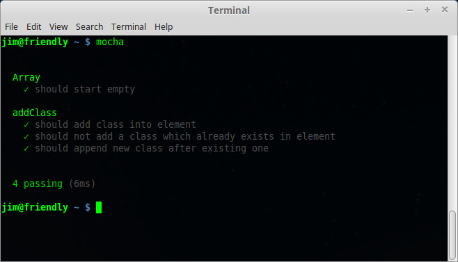 Mocha terminal output - 4 tests passing
