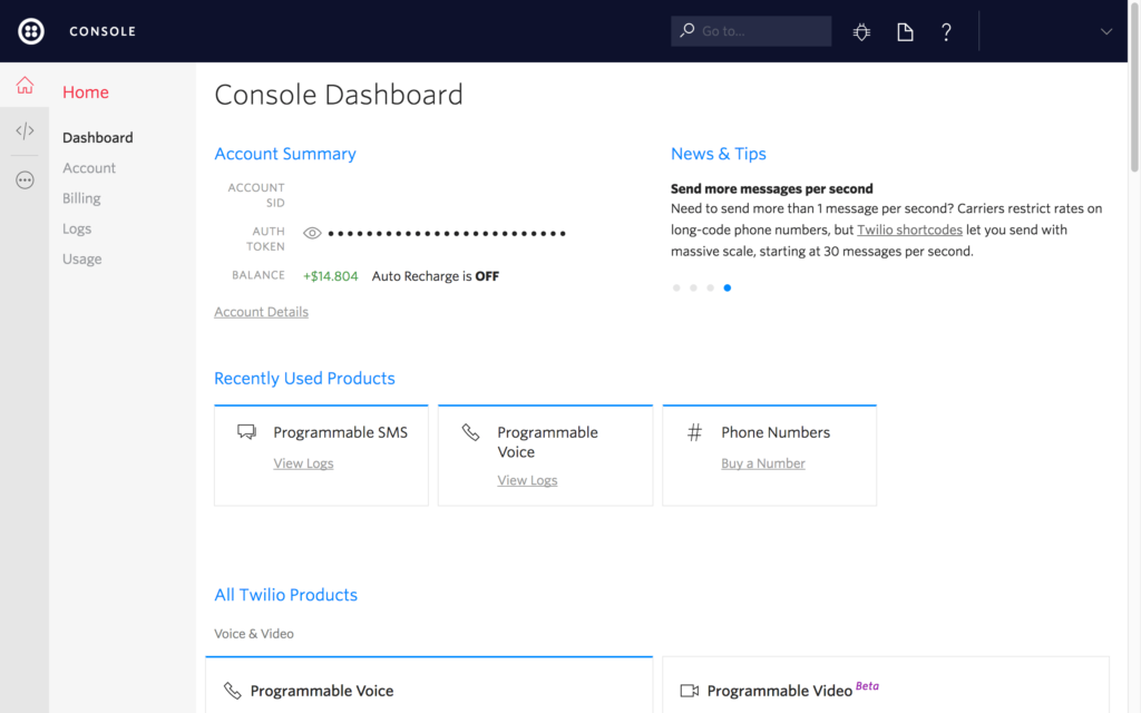 Фотография страницы приборной панели консоли Twilio