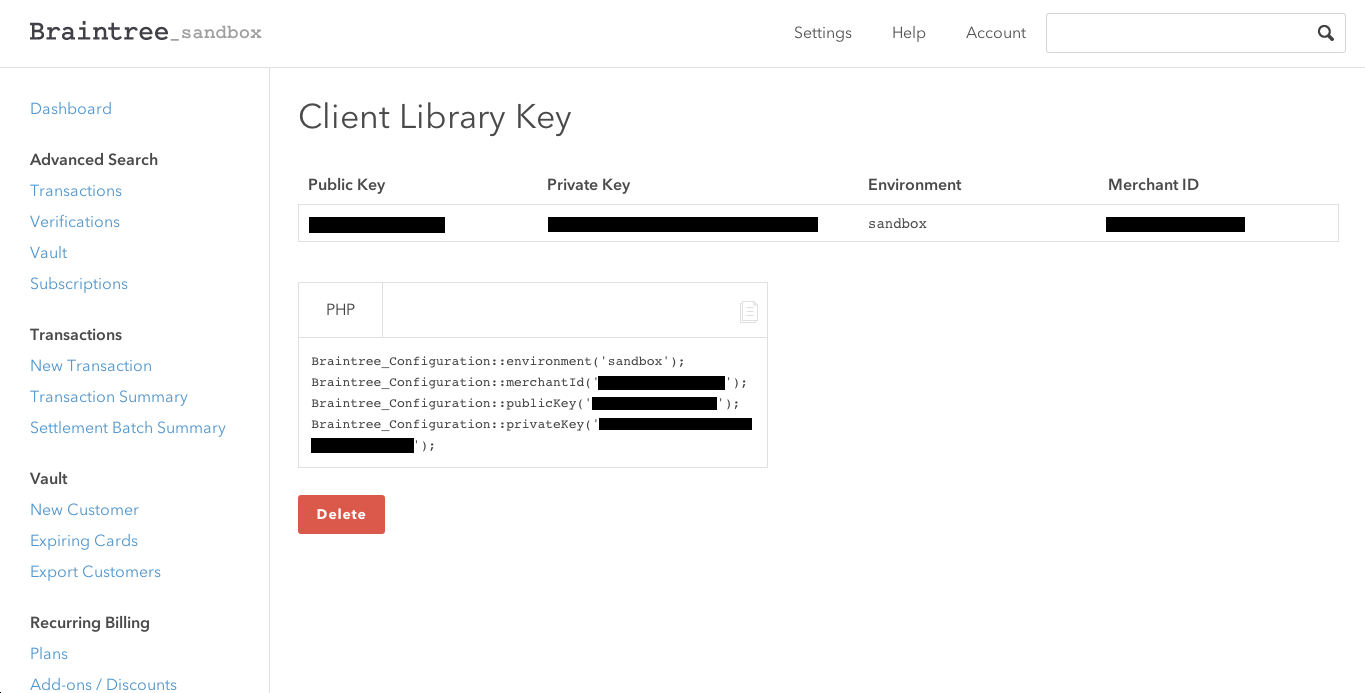 Braintree Control Panel API Key Page