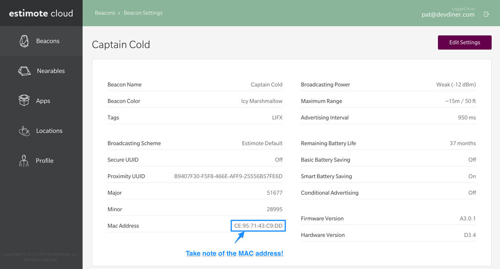 Настройки Estimote Beacon