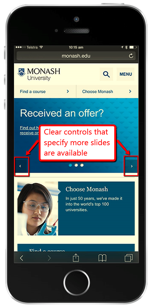 Снимок экрана iPhone с домашней страницы Monash со слайд-шоу, содержащим стрелки слева и справа