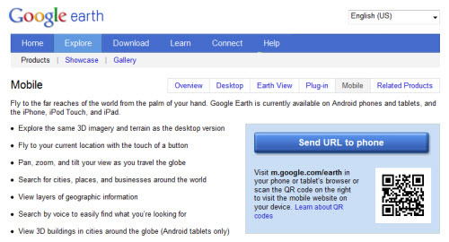 Google Планета Земля позволяет вам посетить их мобильный сайт с помощью QR-кода.