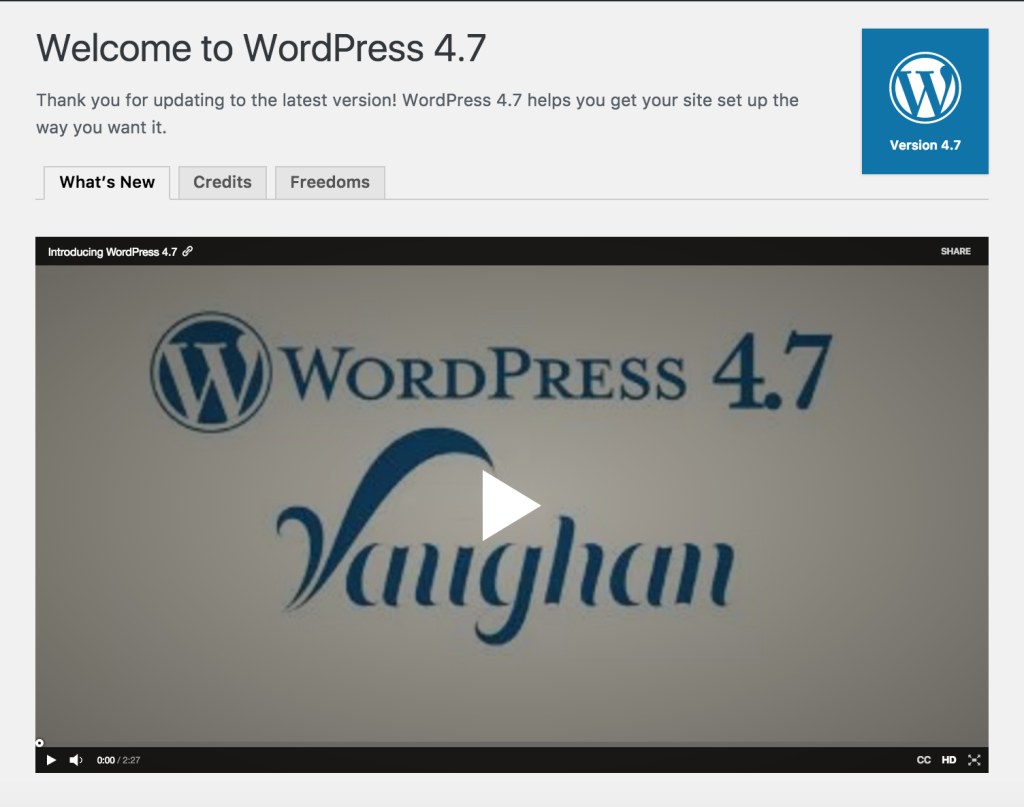 WordPress 4.7 Экран приветствия