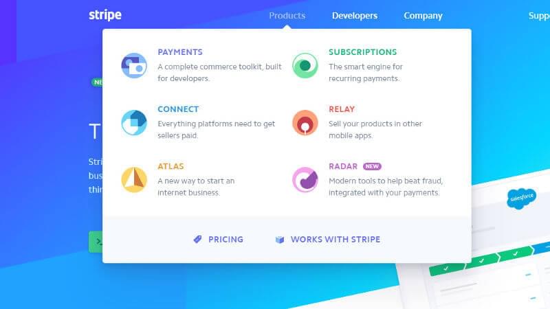 Меню навигации на сайте Stripe