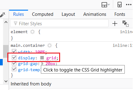 Свойство grid, видимое через консоль разработчика Firefox