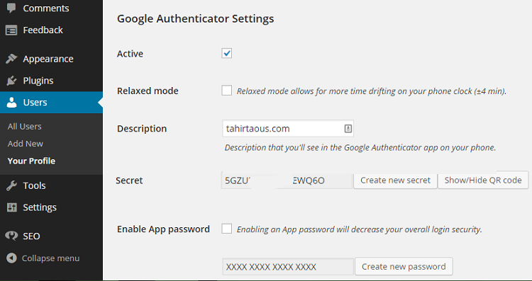 Настройки Google Authenticator