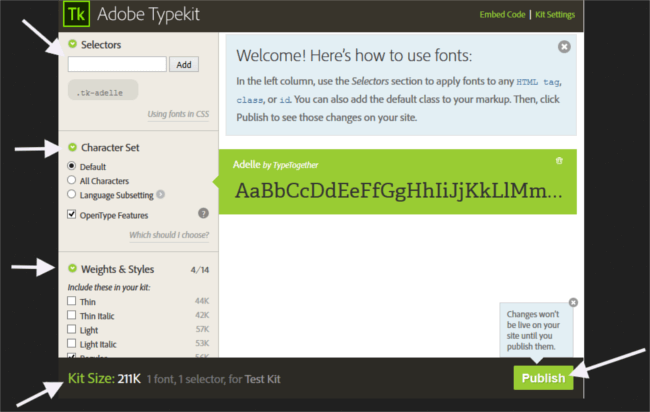 Публикация вашего комплекта с использованием Typekit