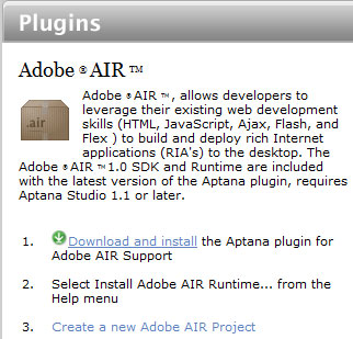 Рисунок 1. Страница загрузки для плагина Aptana Studio AIR