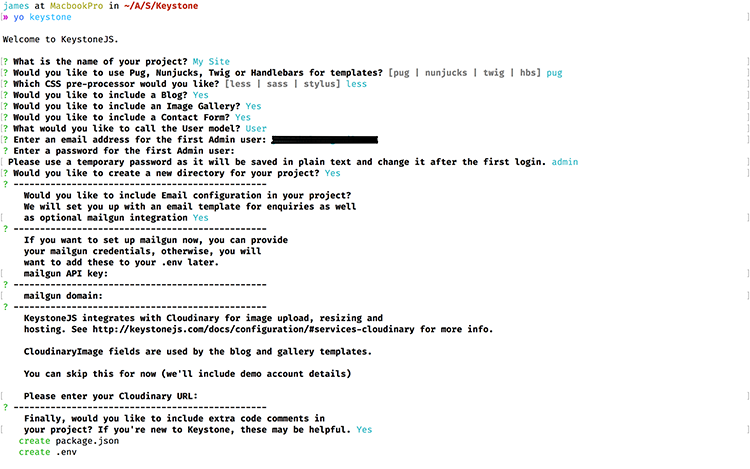 KeysoneJS Generator задает вопросы для построения вашего проекта