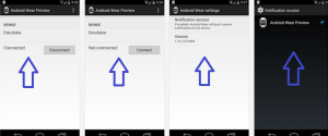 Загрузите приложение Android Wear Preview из Google Play Store, показанные здесь снимки экрана предназначены для подключения, отключения, настройки и уведомления.