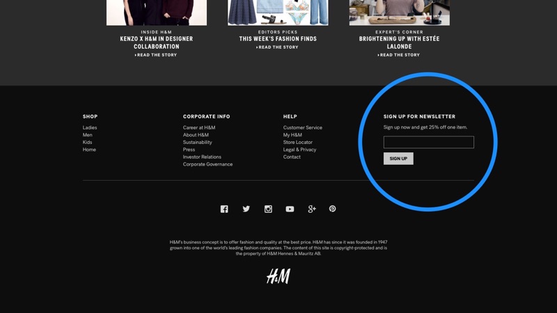 H & M Подписаться нижний колонтитул