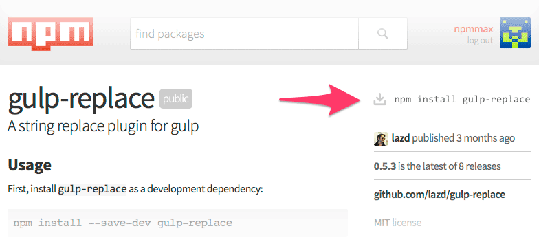 Глоток замени в npmjs