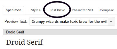 Опция Test Drive на веб-сайте Google Fonts