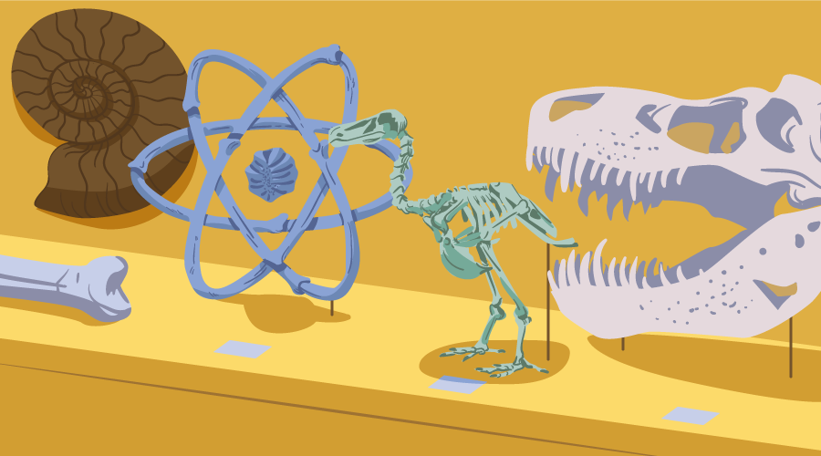 Логотип React из костей, выставленный в музее рядом с окаменелостями динозавров. Посмотрите на эволюцию компонентов без состояния.