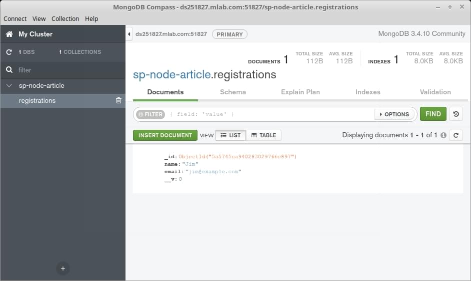 Используя Compass, чтобы проверить, что наши данные были сохранены в MongoDB