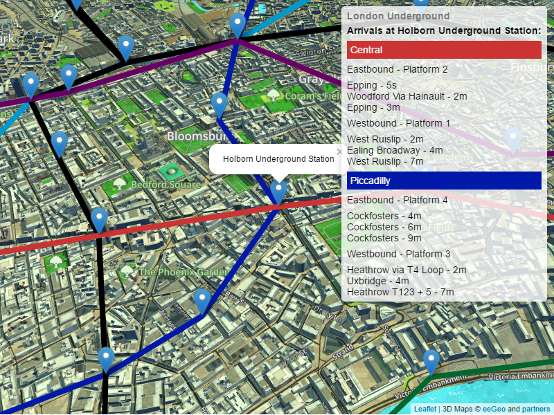 3D-карта Лондона со станциями метро и временем прибытия, отображаемым в виде наложения