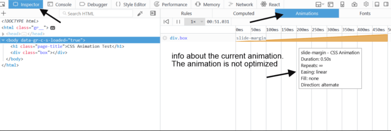 Панель анимации внутри инструмента «Инспектор» с информацией о текущей анимации.