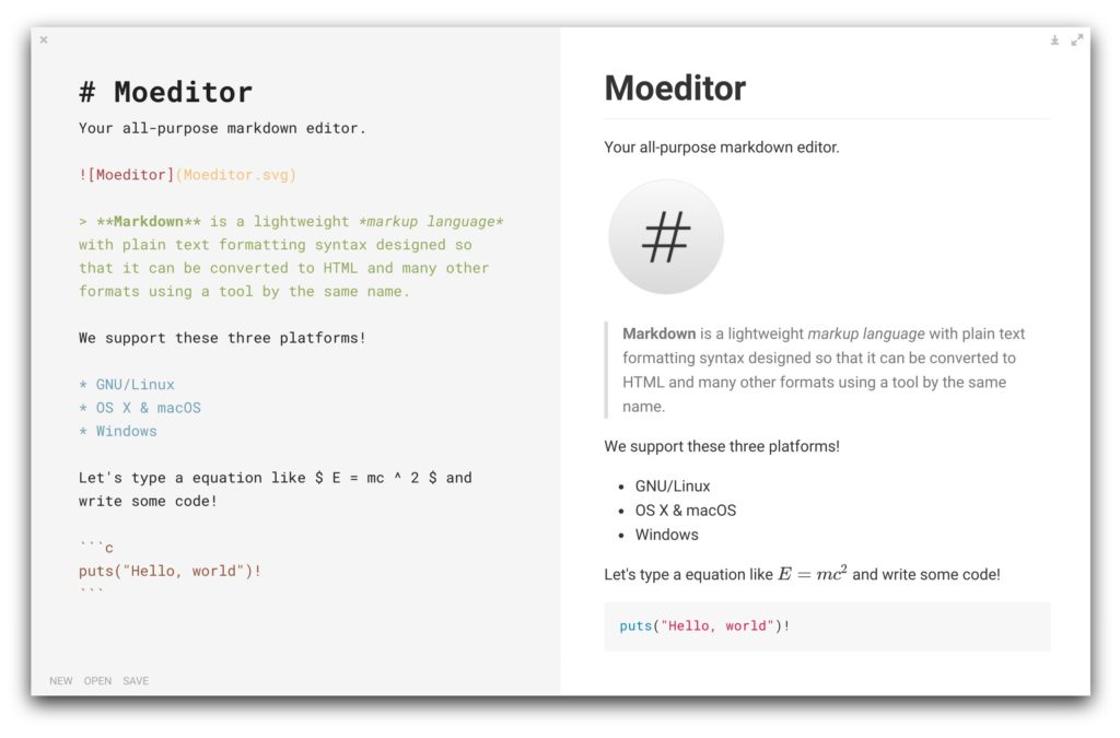 Скриншот редактора Markdown редактора moeditor