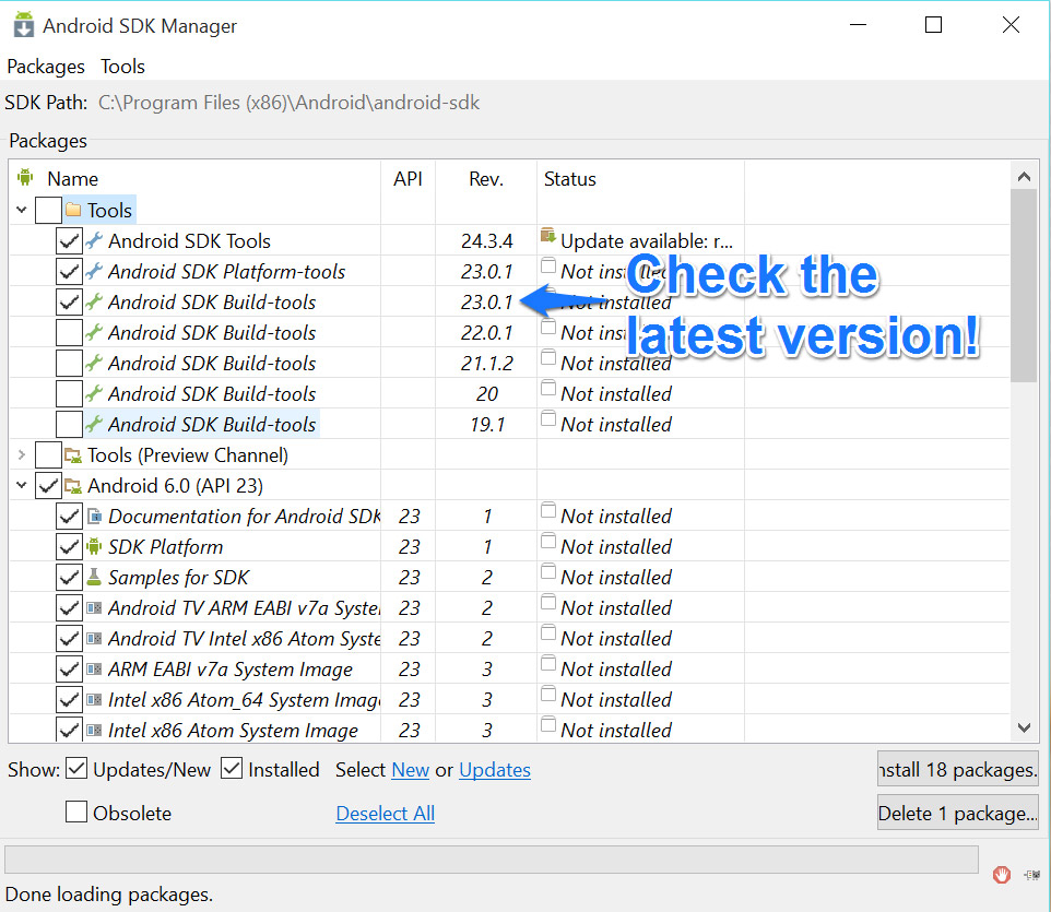 Параметры установки SDK Manager