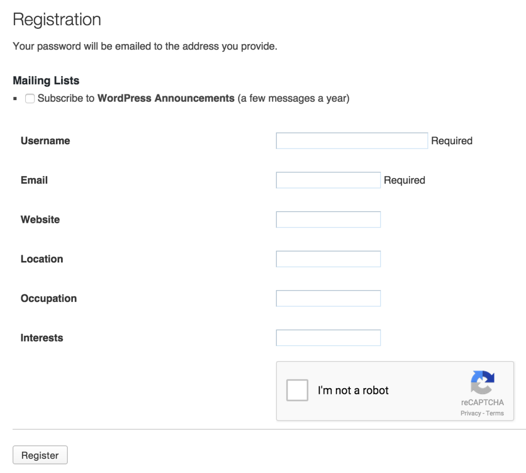 Форма регистрации WordPress