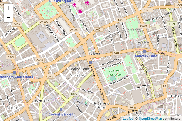 2D карта Лондона с центром на станции метро Holborn