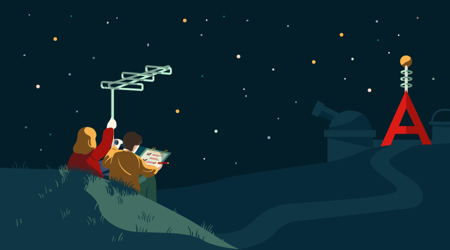 REST API Back End: два человека держат радиоантенну, общаясь с гигантским логотипом Angular на холме.