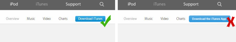 Два примера с кнопками: один говорит: «Загрузить iTunes», другой - «Загрузить приложение iTunes».