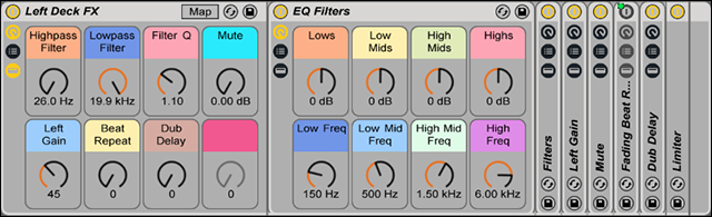 Ableton Live канал эффектов. Потоки данных слева направо.