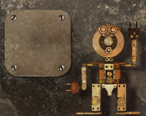 Робот из металлических частей на темном фоне шероховатый и металлический каркас
