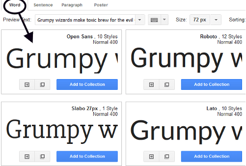 Предварительный просмотр одного слова на сайте Google Fonts.