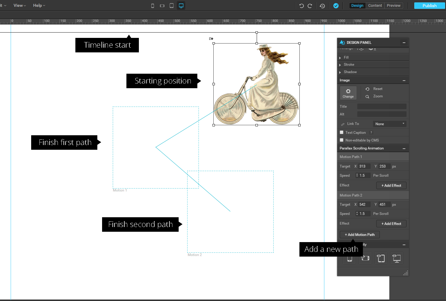 Пользовательский интерфейс Parallax Motion Paths с меткой