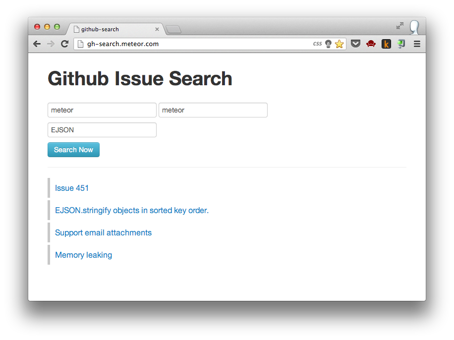 Приложение Github Issue Search Meteor