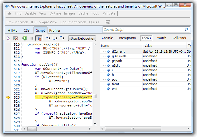 IE8 developer tools