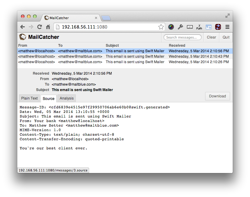 MailCatcher UI Showing Raw Mail Content