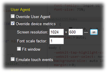Web Inspector Переопределить настройку метрик устройства