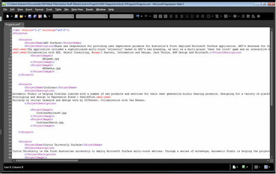 XML-файл, просматриваемый в Expression Web