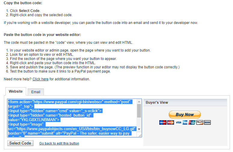 Кнопка PayPal - выберите код