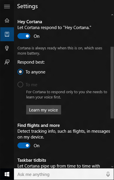 Настройки Microsoft Cortana