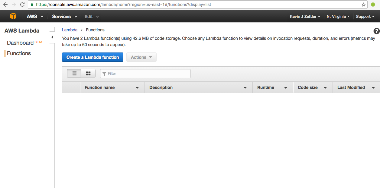 Снимок экрана: приборная панель AWS Lambda