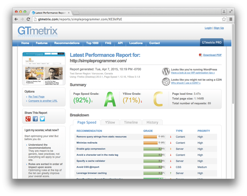 Скриншот GTmetrix