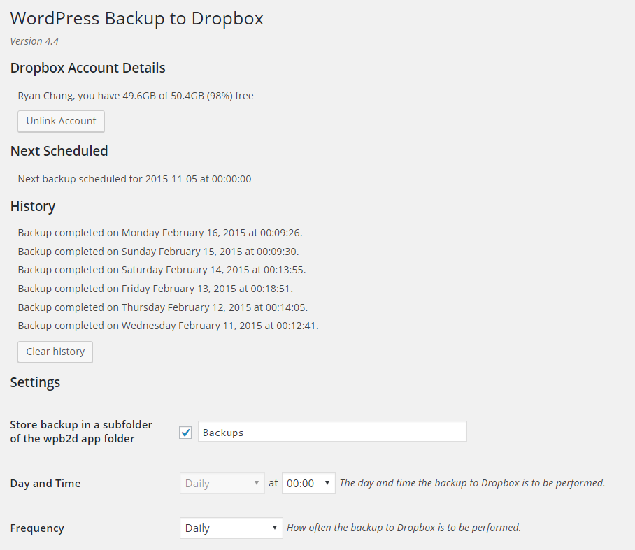 Плагин WordPress для резервного копирования в Dropbox