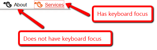 Ссылка «О» - черная, а ссылка «Службы» с фокусом клавиатуры - оранжевая с пунктирным контуром