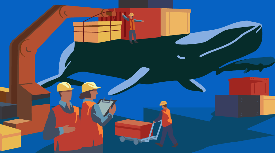 Бригада рабочих с краном грузит контейнеры на заднюю часть кита. Кубернетес и Докер.