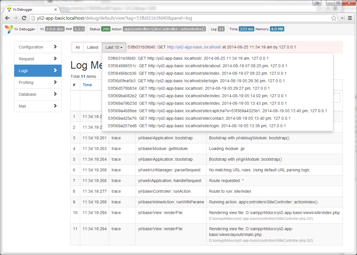 Yii2 debugger