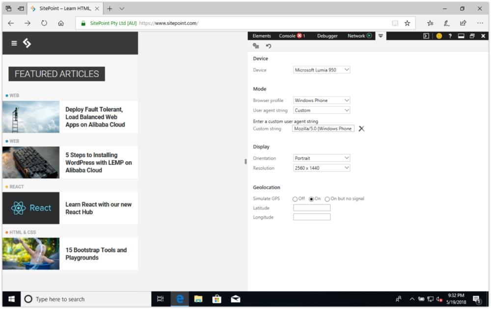 SitePoint.com с использованием режима эмуляции устройства Microsoft Edge