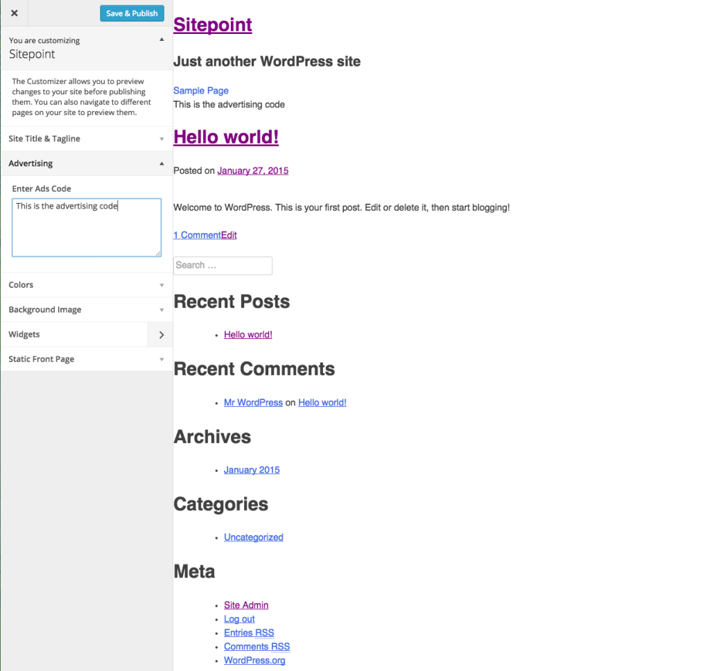 Пример API WordPress Theme Customizer