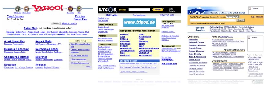 Скриншоты Yahoo, Lycos и AltaVista в конце 90-х.