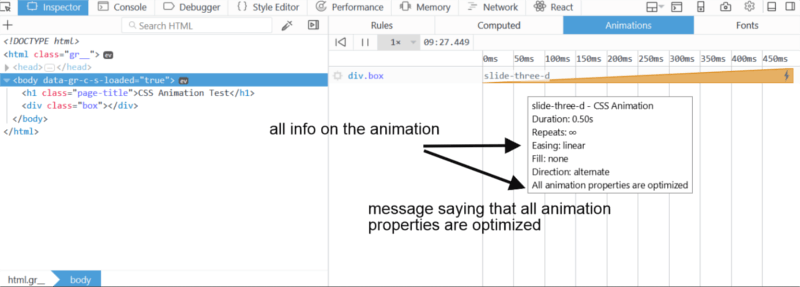 Панель анимации в Инспекторе Firefox Developer Tools.